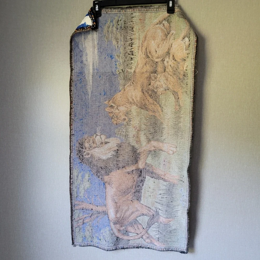 Vintage 1970s Woven Lion Tapestry Wall Hanging Retro Kitsch Boho Man Cave Decor